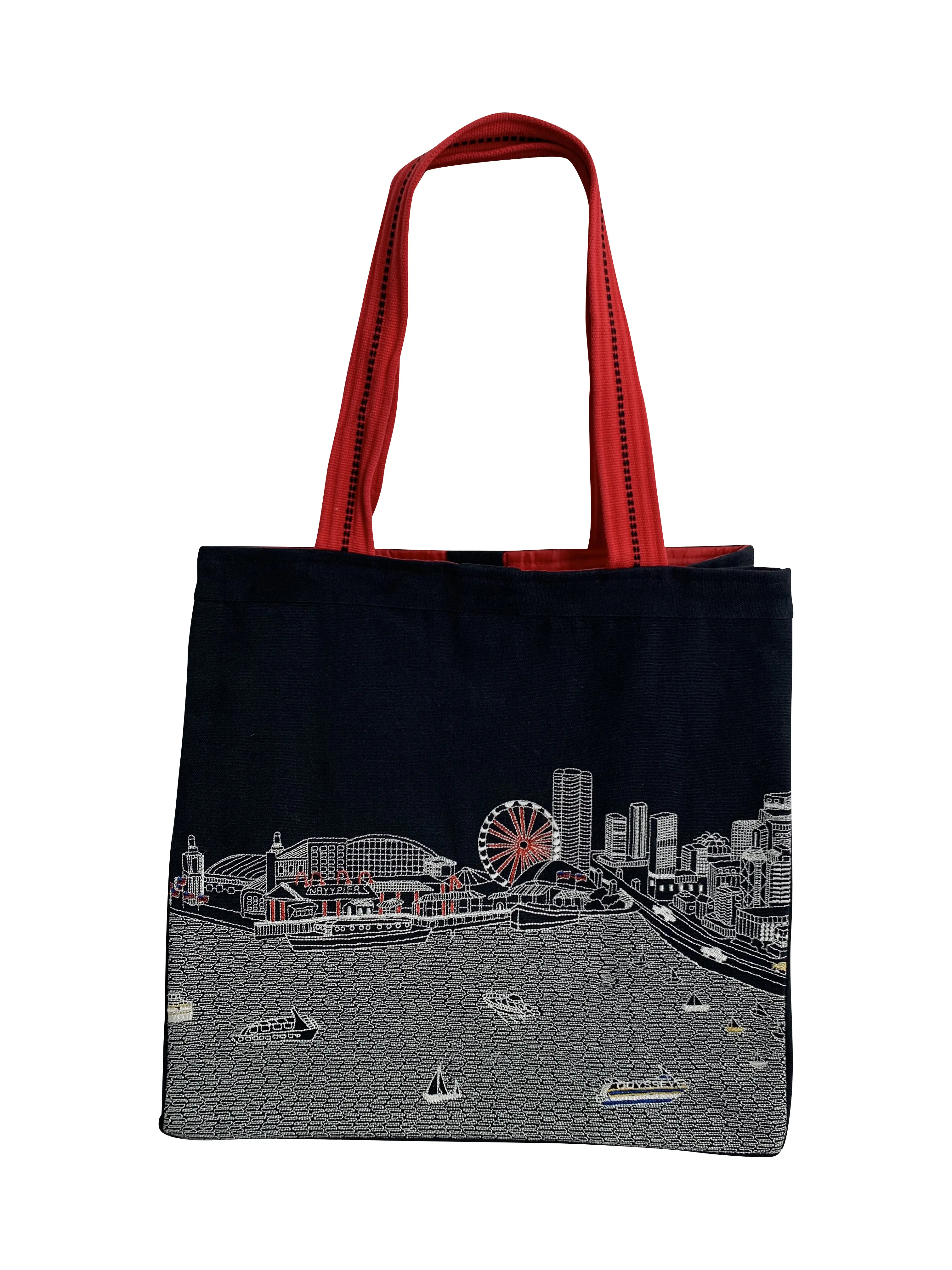 Beyond Cushions Chicago Illinois Night Skyline Embroidered Cotton Canvas Tote Bag