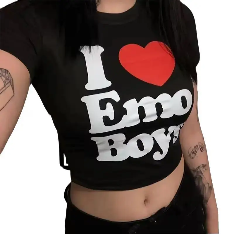 Y2k I Love Emo Boys Gothic Baby Tee, I Love Emo Boy Print Crop Tops, Women Y2K S*xy T-shirt, Vintage 2000s Short Sleeve Cropped Tee, Fairy Crop Tops, Outfits, Downtown Girl Clothes, Summer Outfits, Downtown Girl Baby Tee, Gift For Her, Outfits