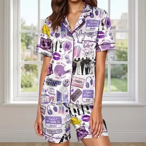 Music Purple Satin Pajama Set For Women, Matching Pajamas for Satin PJ Set Printing, Ideal for Sleepwear & Loungewear, Cute Gift for Women