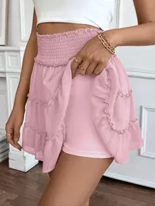 Women's Plain 2 in 1 Ruffle Trim Layered Skirt, Ruffle Trim High Waisted Skorts, Elegant High Waist Short Skirt for Beach Holiday Vacation, Ladies Bottoms for Summer, Casual Skirts