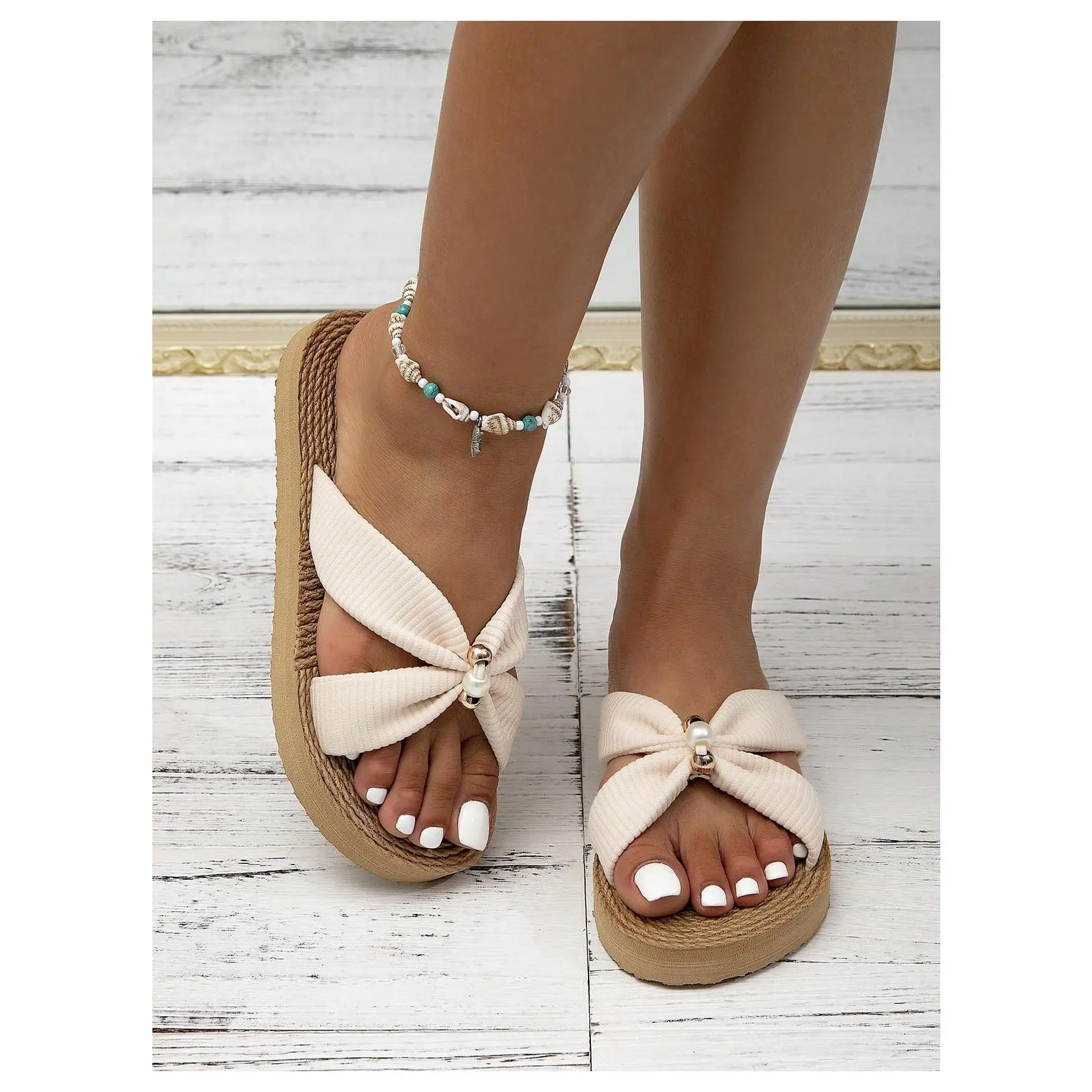 Women's Criss Cross Strap Straw Sandals - Open Toe Flat Footwear, Pearl-Accented Walking Shoes for Summer Casual Beach Vacation, Versatile Shoe Slipper, Beach Sand Women's Sandals