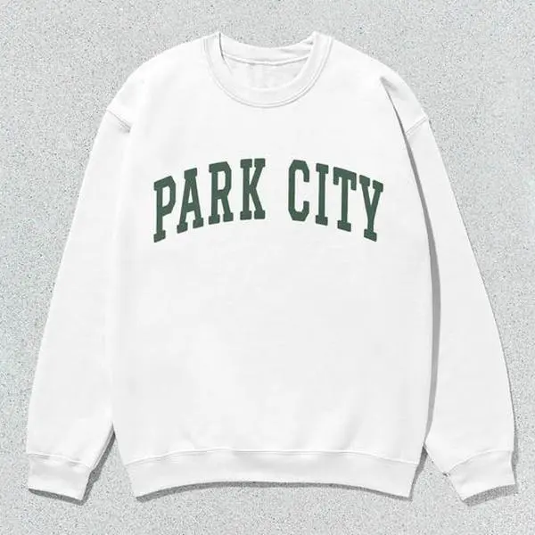 Collegiate Crewneck Sweatshirt with Park City Graphic, Unisex Casual Long Sleeve Pullover Sweater in Sage Green, Tops, Round Neck, Unisex Fit