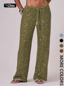 Women's Bohemian Style Beach Pants, Elegant Summer Sequined Long Trousers, Fashionable Holiday Wear, Ladies' Casual Fitted Womenswear