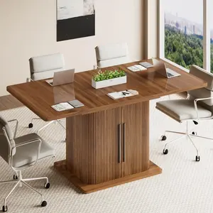 Extendable Conference Table for 4-6 People, 47in-65in Modern Rectangle Meeting Room Table with Storage, Fluted Wood Slide Doors, Small Compact, Square, Office, Training, Conference Room