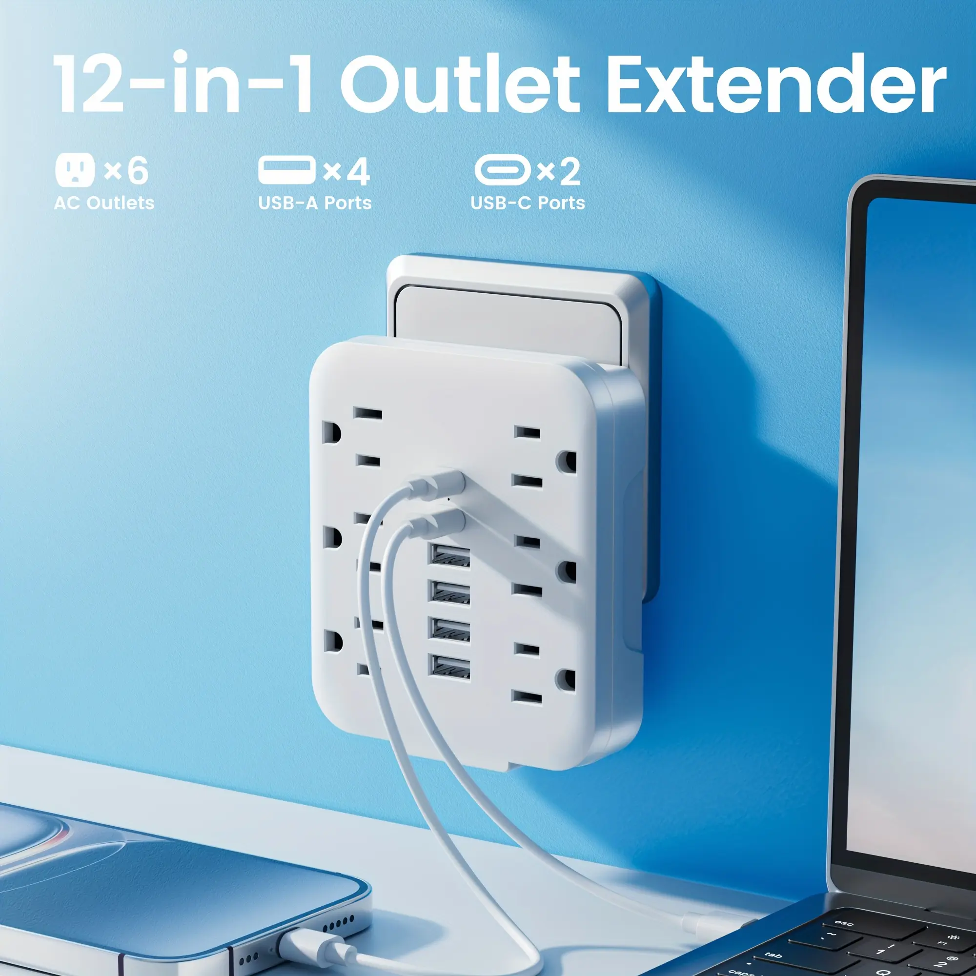 1pc 12-in-1 Mini Power Adapter With 6 AC Outlets, 4 USB And 2 Type-C.Rugged, Durable And Portable. Multi-Socket Wall Outlet, Power Strip. The Perfect Must-have For Travel, Office And Home. Colors Are Black And White.