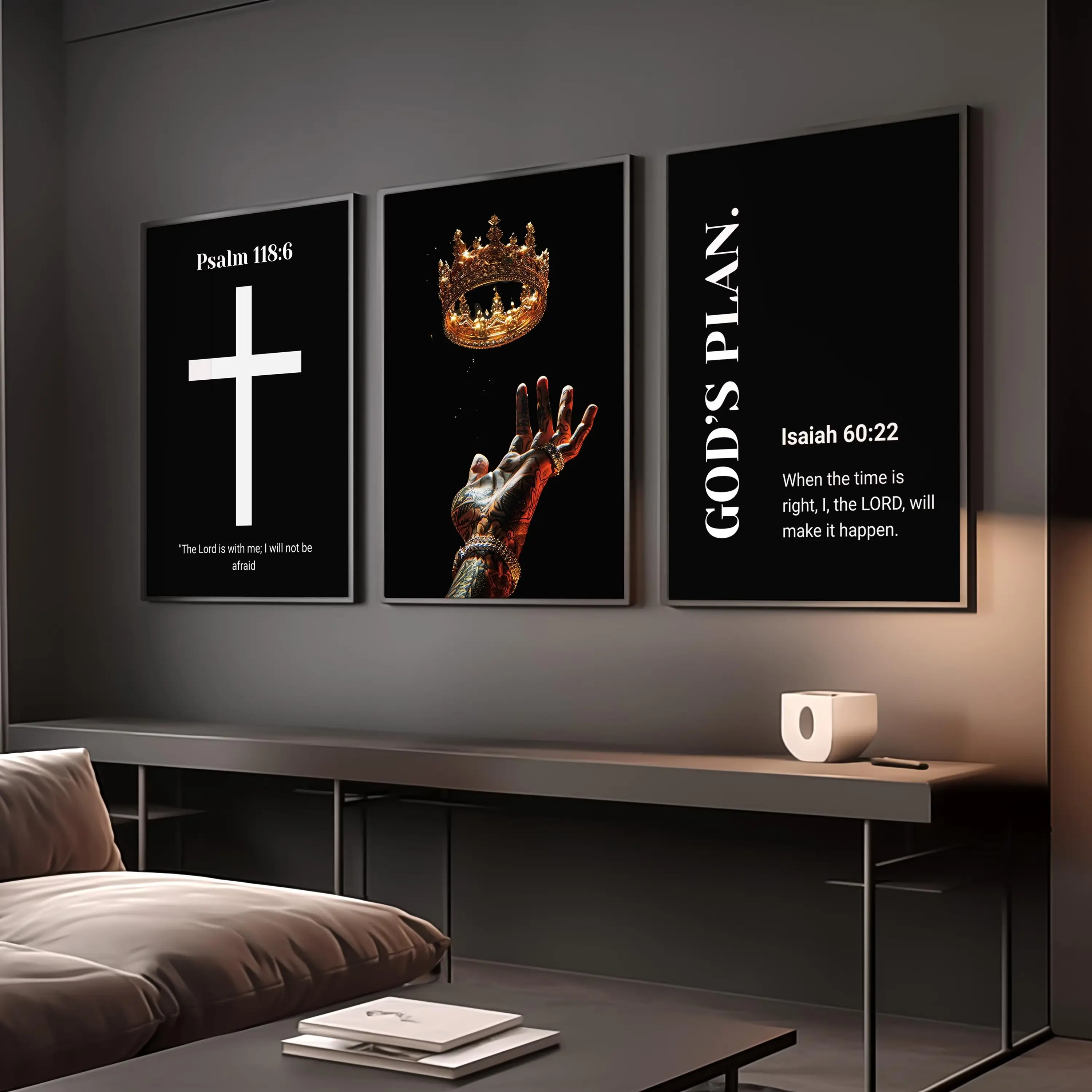 Set of 3 Unframed Black Exellence Wall Art; Bible Verse Prints