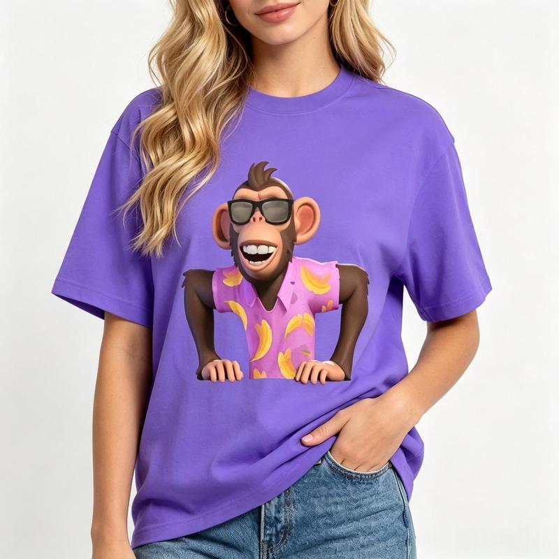 Women's Oversized Gorilla Fun Graphic Print Tshirt - Purple, Tropical Cute, Short Sleeves, Kawaii Sunglasses Banana Hawaiian Design, Casual Trendy Aesthetic Streetwear Summer Top