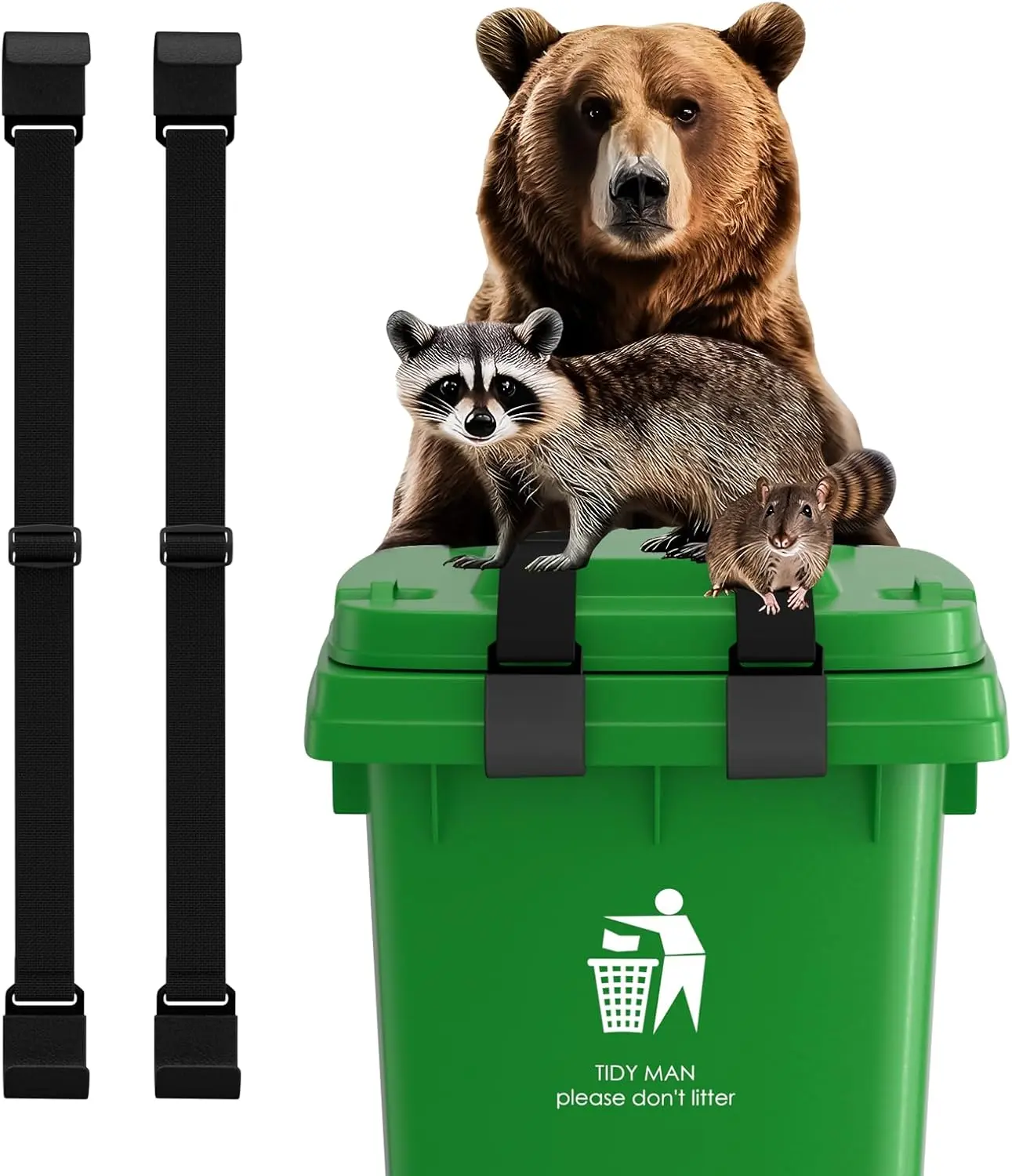 Metal Double Claw Trash Can Locks Strap for Raccoon Animals Universal 28-96 Gallons Lid Lock Black 2Pcs Adjustable Anti-rust Coating Bungee Cord Belt Rope Outdoor Hook-on - Garden Trimming Tools