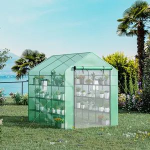 Outsunny  Walk-in Greenhouse with Mesh Door and Windows, 18 Shelf Green House with Trellis, Plant Labels, UV protective for Growing Flowers, Herbs, Vegetables, Saplings