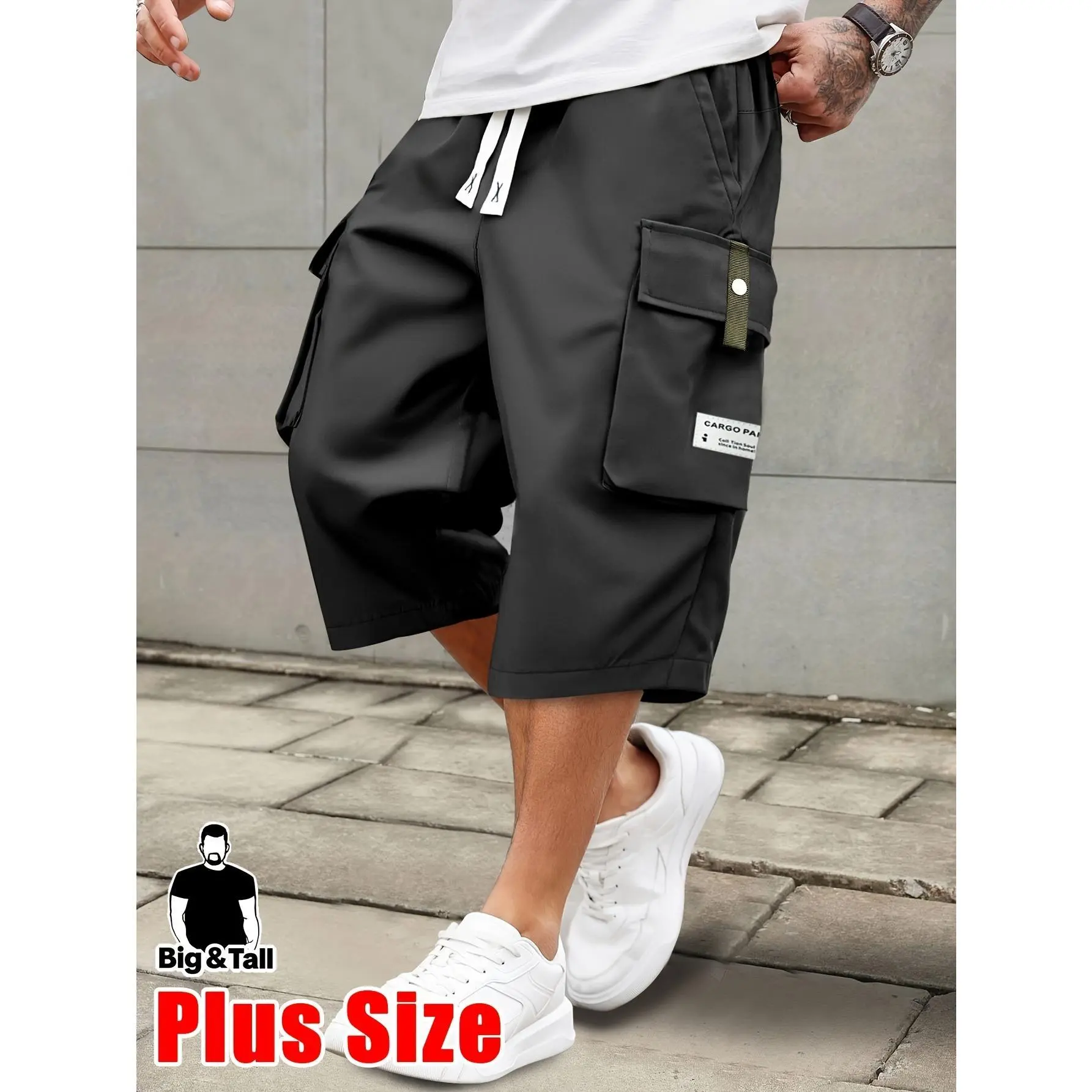 Big & Tall Men's Cargo Shorts, Plus Size Casual Knee-Length Shorts with Multi Pockets, Drawstring Waist Summer Streetwear Pants，humorous tshirt men，buy funny t shirts online，Grunge Graphic Album T-Shirt  men's cargo shorts