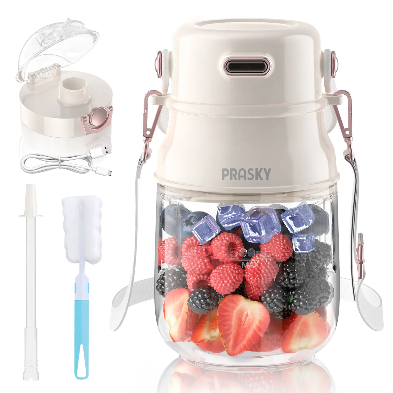 Prasky 27oz Cordless Portable Blender with USB-C Port & Shoulder Strap, BPA-Free Rechargeable Smoothie Maker for Friends, Family, Gym & Travel