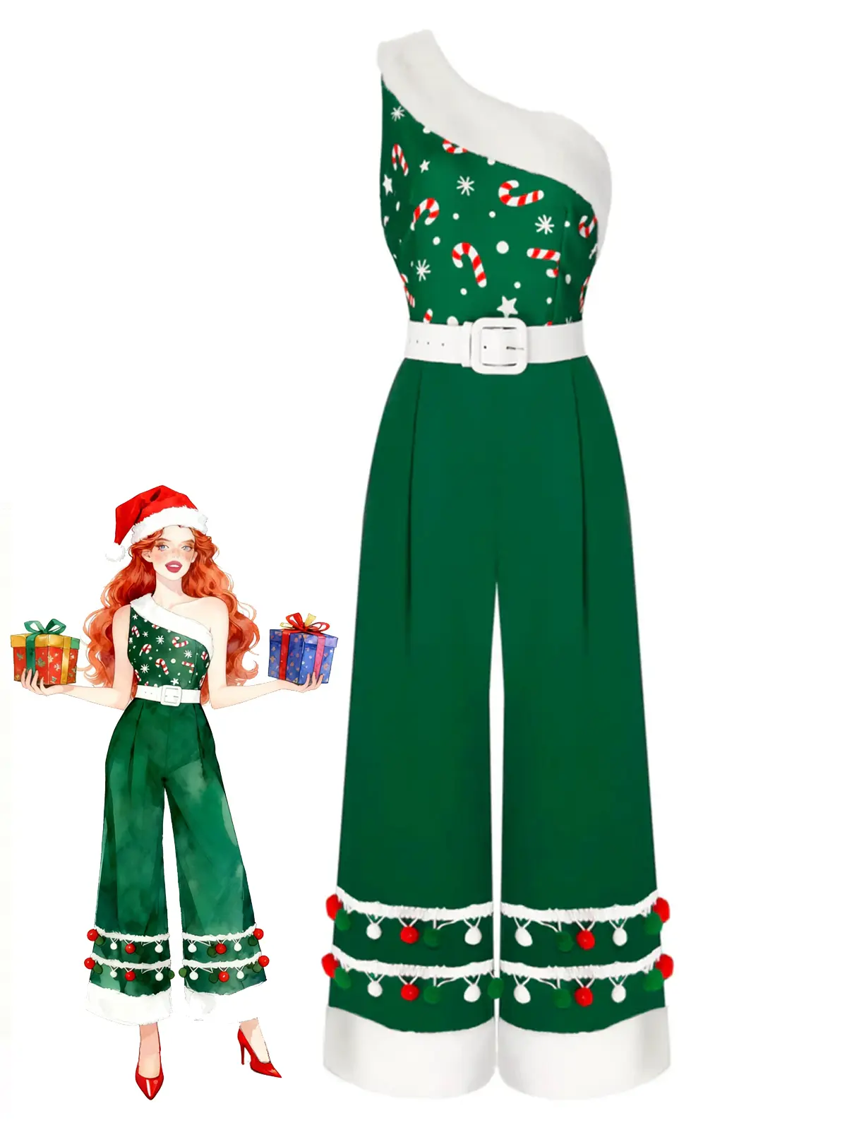 RETRO STAGE Women's Vintage 1950s Polyester Jumpsuit, 1-Shoulder Belted Ankle Length Holiday Attire with Fur Ball Detail, No, Xl, Zip, Zipper