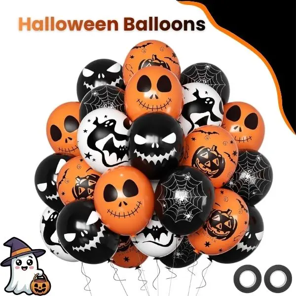 50PCS Halloween Balloons Decorations, Black Orange White Balloons with Bat Pumpkin Spider Web Design, Spooky Halloween Party Supplies