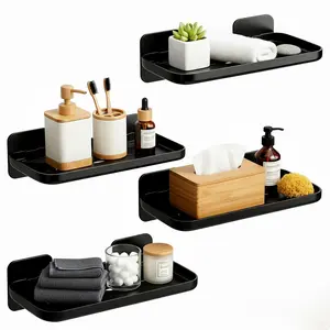 Set of 4 Black Wall-Mounted Shelves, No-Drill Adhesive Racks with Invisible Brackets, Waterproof Organizer for Bathroom, Kitchen, and Living Room Decor