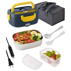 [Limited Time Deal] Electric Lunch Box Portable Box Food Heater For Car Work 12v/24v/110v 60w,Stainless Steel Container Fork & Spoon And Bag Tableware