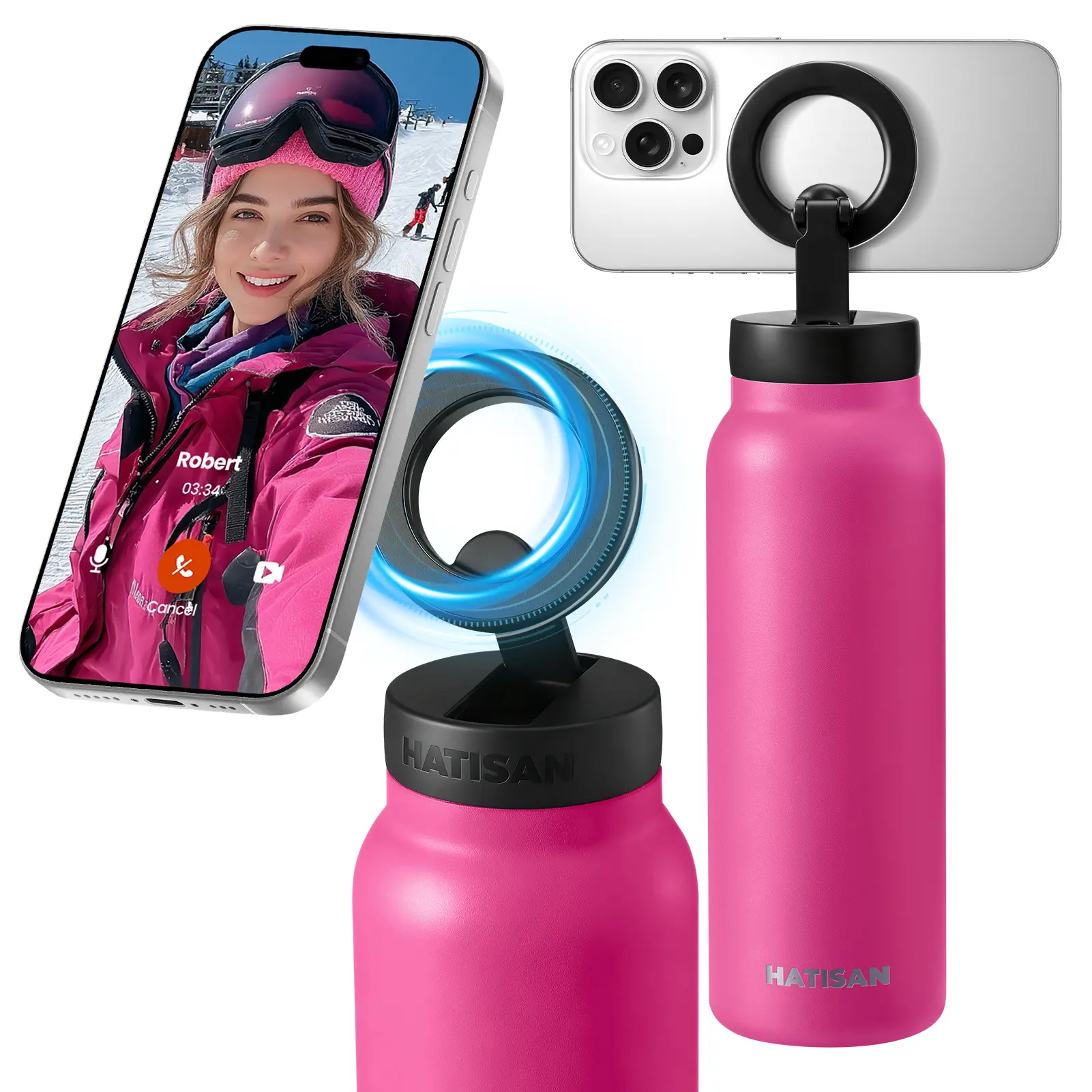 Insulated Stainless Steel Water Bottle Tumbler Flask - Portable Magnetic Phone Mount, 24oz Black, 12Hrs Hot/24Hrs Cold Hydration for Workouts & On-The-Go Navigation, Flasks