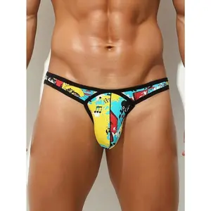 Men's High Stretch Polyamide Underwear - Breathable Quick-Dry Mesh Tanga Bikini with Color Block Pattern & Contrast Stitching, Non-Transparent Athletic Swimwear for Gym, Beach, Sports Swimming Activewear