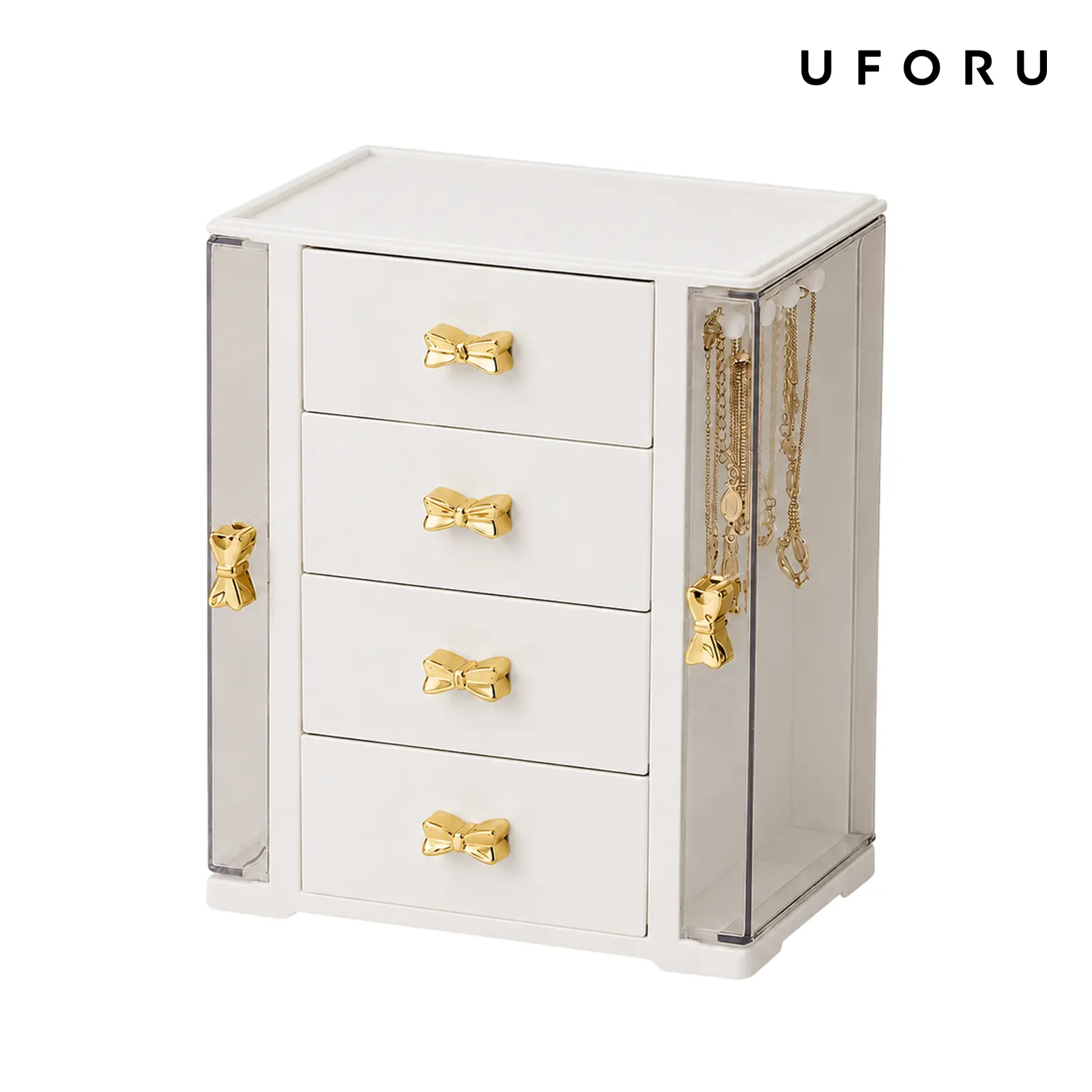 UFORU 4-Tier, High-Capacity Jewelry Box with four drawers; this organizer is made just for women and has separate sections for rings, earrings, necklaces, and bracelets.