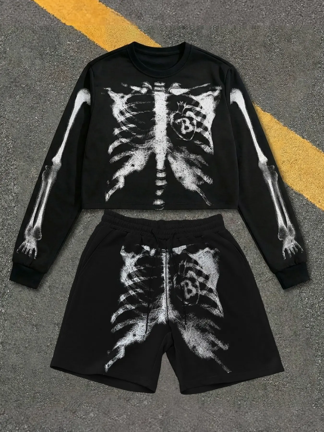 Skull Street Style Graphic Long Sleeve Set, Dark and Unique Streetwear Fashion for Trendy, Fitted, Perfect for Street Culture Enthusiasts and Theme Parties
