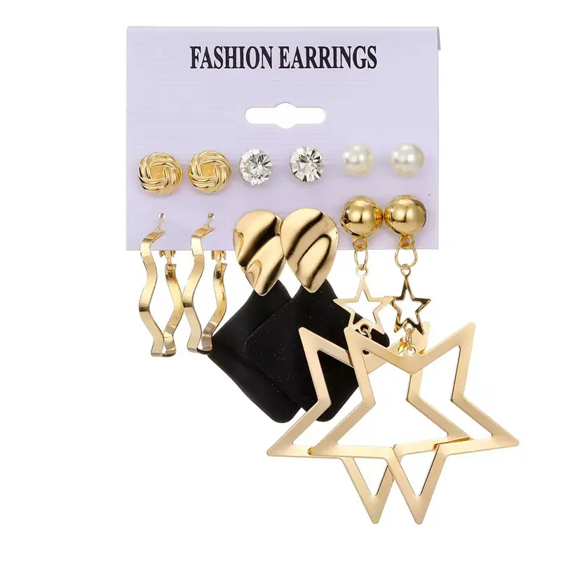 Fashion Earrings Set - 6 Pairs of Gold and Crystal Earrings for Women, Includes Star and Heart Designs, Perfect for Any Occasion