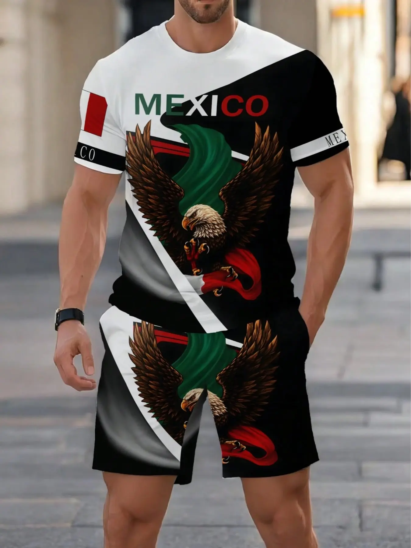 Men's Mexican Theme Two-Piece Set, Shorts Sets Outfits, Eagle Print T-Shirt + Shorts, Block Design, Casual Loose-Fit, All Seasons, Menswear