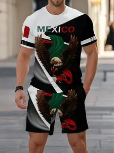 Men's Mexican Flag Theme Two-Piece Set, Eagle Print T-Shirt + Shorts, Colorblock Design, Casual Loose-Fit