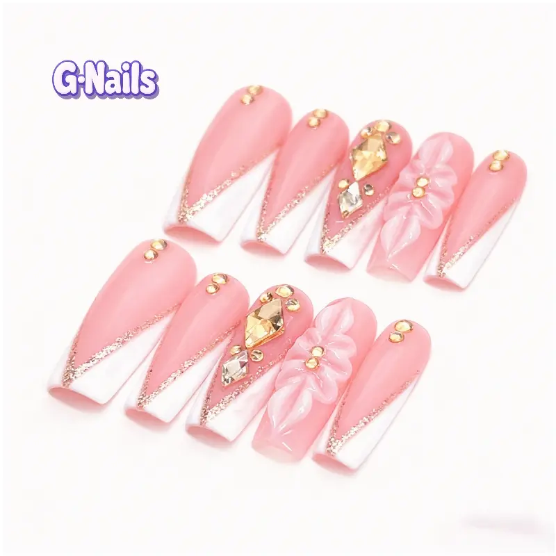 G Nails A56 Reusable Handmade Press-On Nails, 10 PCS Long Square Soft Blush Pink Glitter Base French Tips with Gold Glitter, Crystal, Diamond & Glow Blossom Design, Glitter Base French Tip