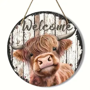 Round Farmhouse Style Wooden Welcome Sign, Rustic Farmhouse Design, Classic Printed Cow Design, Home Wall Decor, Farmhouse Decoration, Diameter 7.87 Inches, Horizontal Placement, No Power Needed
