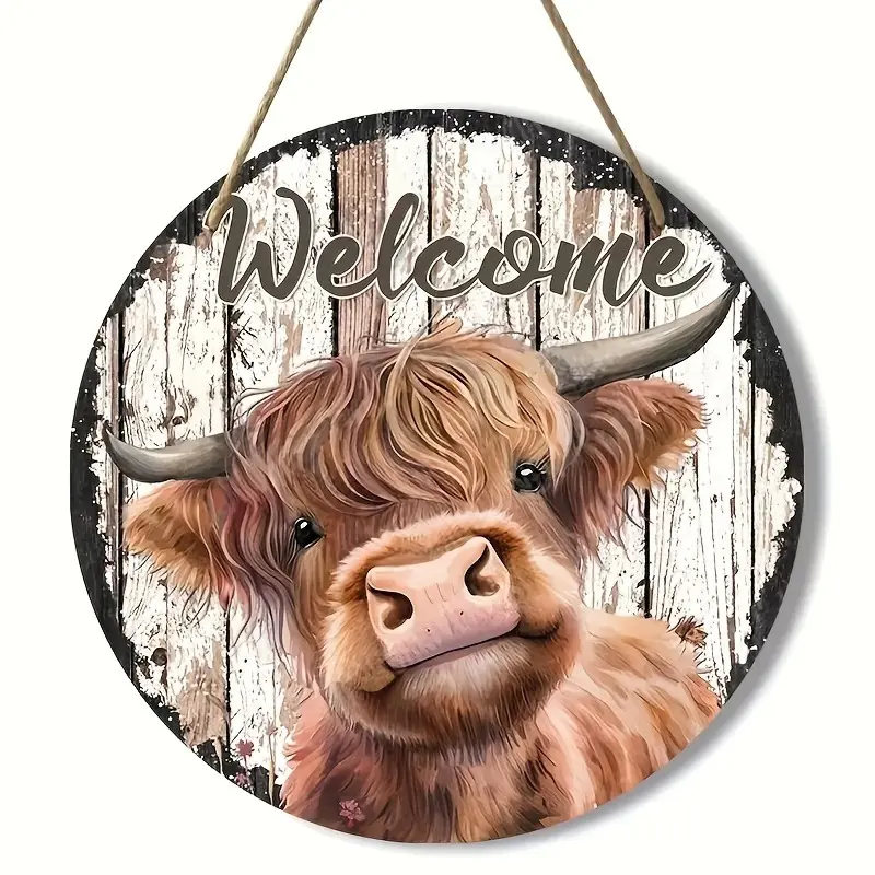 Round Farmhouse Style Wooden Welcome Sign, Rustic Farmhouse Design, Classic Printed Cow Design, Home Wall Decor, Farmhouse Decoration, Diameter 7.87 Inches, Horizontal Placement, No Power Needed