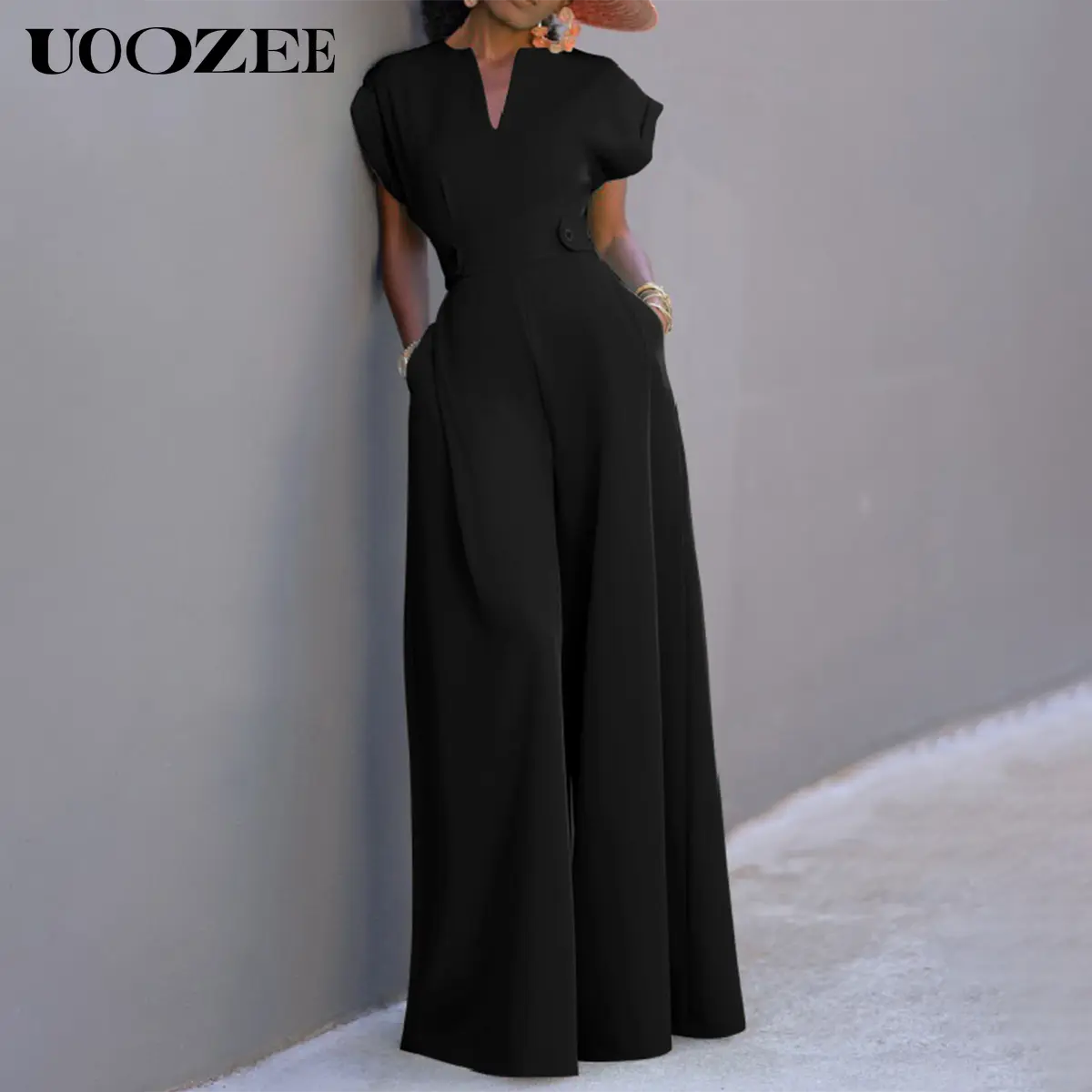 UOOZEE Women's Elegant Cap Sleeve V-Neck Wide Leg Jumpsuit - Comfortable Fitted Polyester All-Seasons Minimalist Overall Clothes for Teachers, Interviews (Note: Runs 1 size smaller; order 1 size larger)