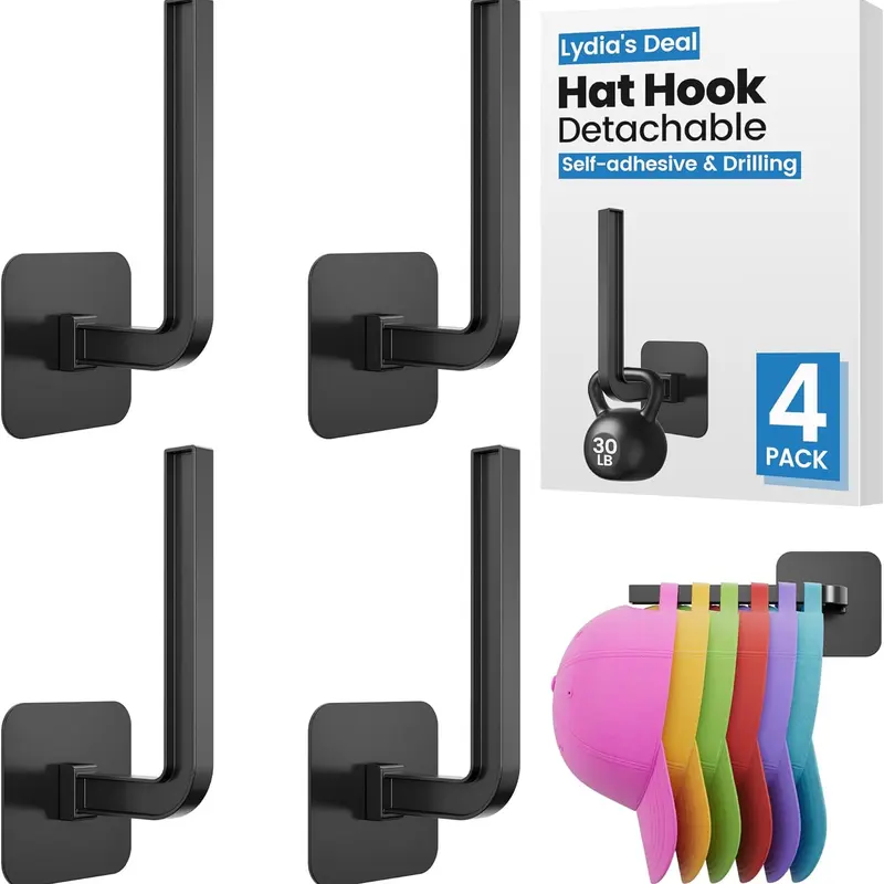 4-Pack Durable Hangable Hat Hooks, Space Saver Organizer, Wall-Mounted Hat Organizer with Strong Adhesive & 2 Mounting Options for Baseball Caps, Black