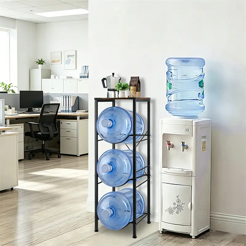 3-Layer Sturdy Wooden Top Black Iron Vertical Water Bottle Rack - Space Saver Metal Frame Storage Stand for 5-Gal Water Bottles & Dispenser - Heavy-Duty Home Organizer for Kitchen, Home Offices, Vertical Rack