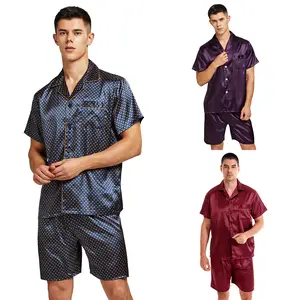 Tony & Candice Men Silk Short Sleeve Pajamas with Shorts, Satin Pajama Sets Summer Sleepwear