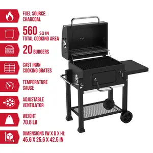 Charcoal Grill, 24 Inch Heavy Duty Charcoal Grill with Wheels, Black