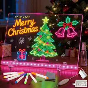 LED Note Board with Colors 13.8"X10"  Rewritable Acrylic Drawing Board for Children Schools Home Offices with 2 Brackets 7 Pens & RGB Lights shatterproof