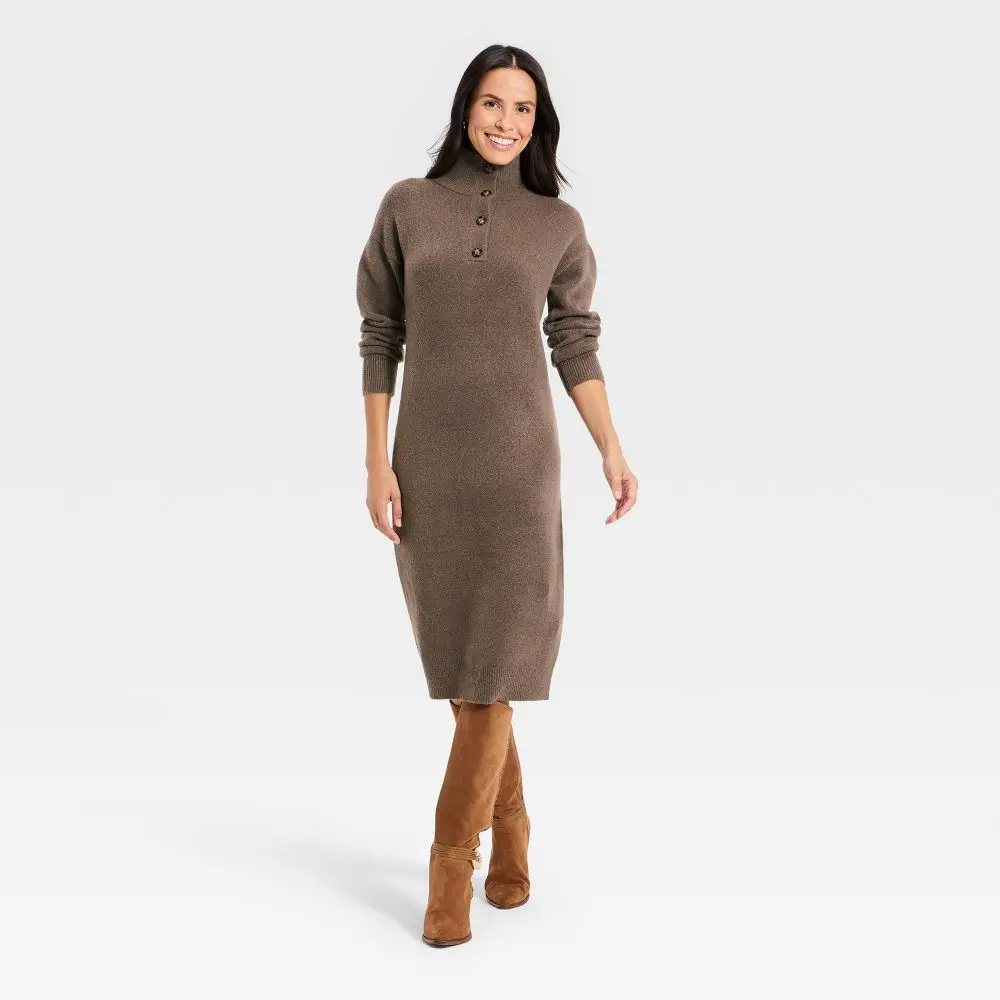 Women's Long Sleeve Midi Sweater Dress - Jersey, Polyester, Spandex, Nylon Garment for Universal Wear, Turtleneck