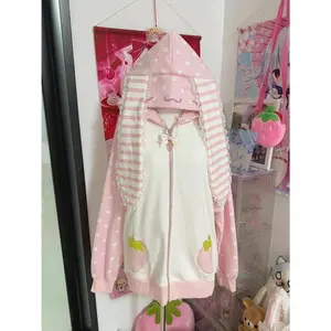 Autumn Japanese Pink Patchwork Overcoat Women's Sweet Kawaii Zipper Lace Polka Dot Hoodie 2025 New Loose Lovely Strawberry Coat(Sheets)