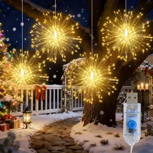 4pcs Hanging Fairy Light String, 360 LED Bulbs, Copper Wire Sparkling Fireworks Lights, 8 Lighting Modes, USB Powered, Indoor Christmas Decorations, Party Decoration