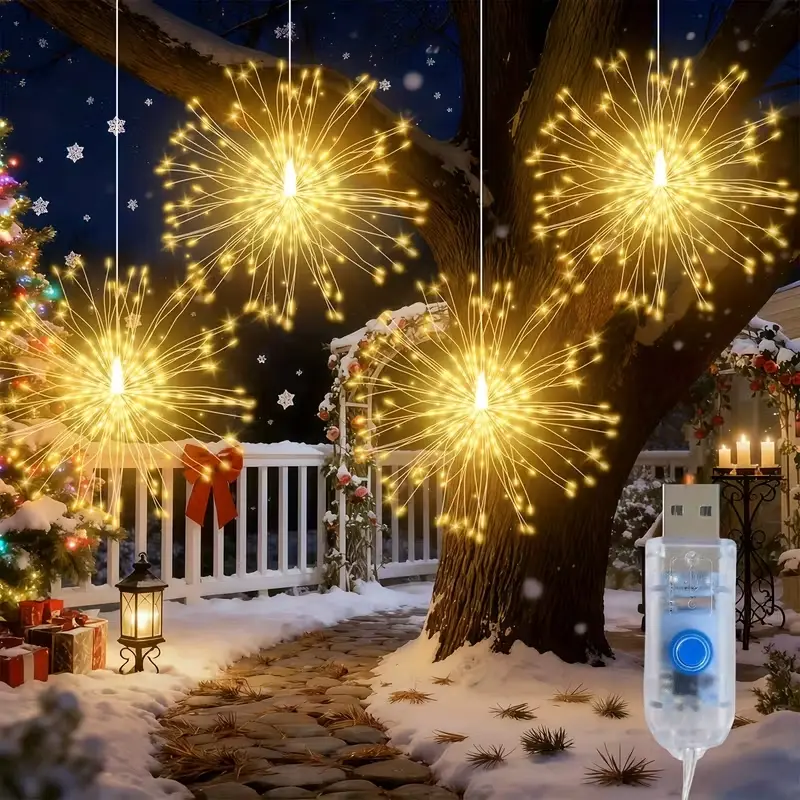 4pcs Hanging Fairy Light String, 360 LED Bulbs, Copper Wire Sparkling Fireworks Lights, 8 Lighting Modes, USB Powered, Indoor Christmas Decorations, Party Decoration