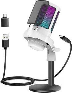 Gaming Microphone, USB PC Mic for Podcasts Videos, Streaming, Condenser Mic with Quick Mute, Tripod Stand, Pop Filter, RGB Indicator, Shock Mount, Rotate gain button, Compatible with PS4/5/PC.White fathersdaygift