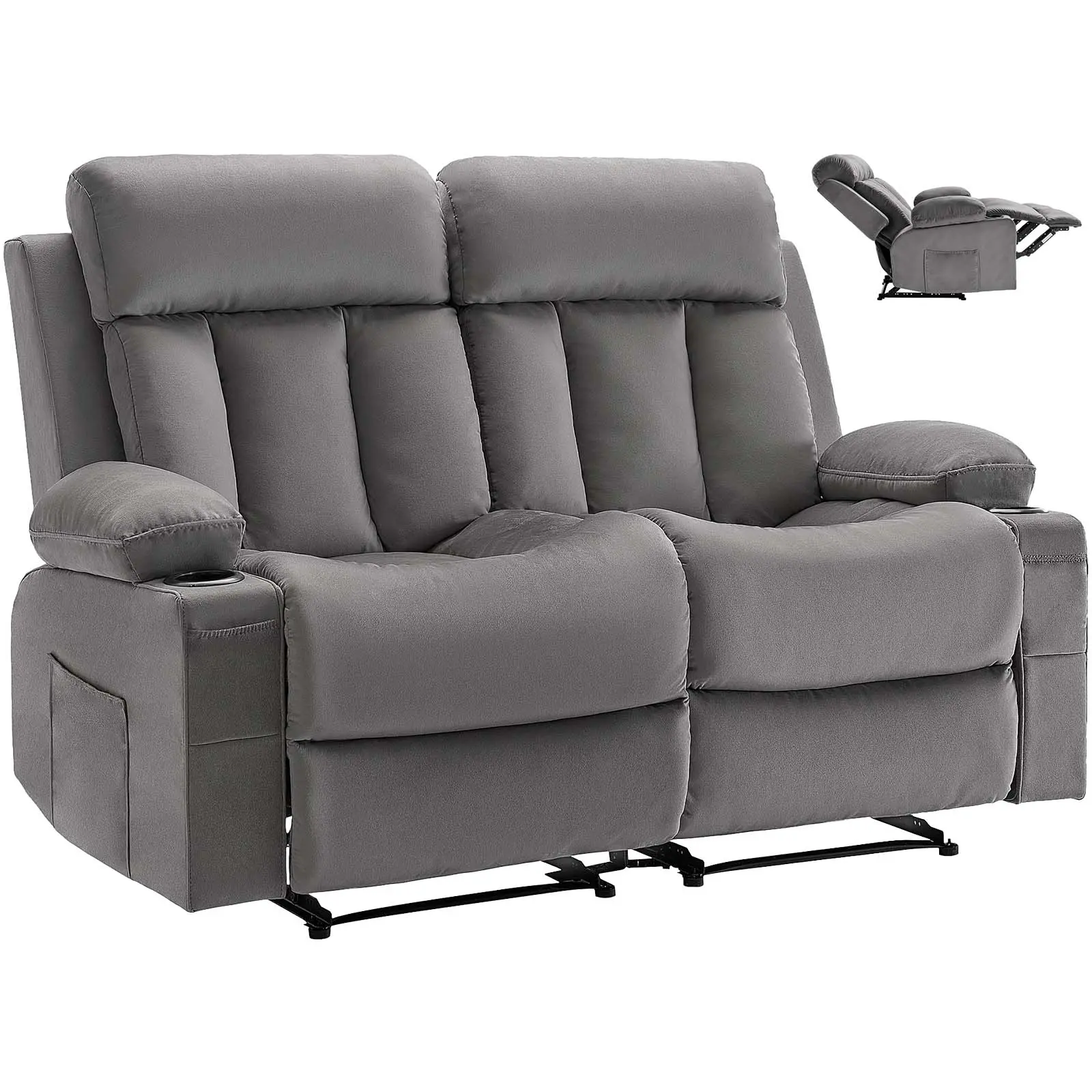 【SummerFinds】VEVOR 2-Seat Power Reclining Loveseat Sofa - Velvet Fabric Love Chair with Heating, Massage, USB Ports, Cup Holders, Side Pockets, Front Pockets, Adjustable Angle Back, 150kg Capacity, Assembly Required for Living Room, Grey, Comfy Couch