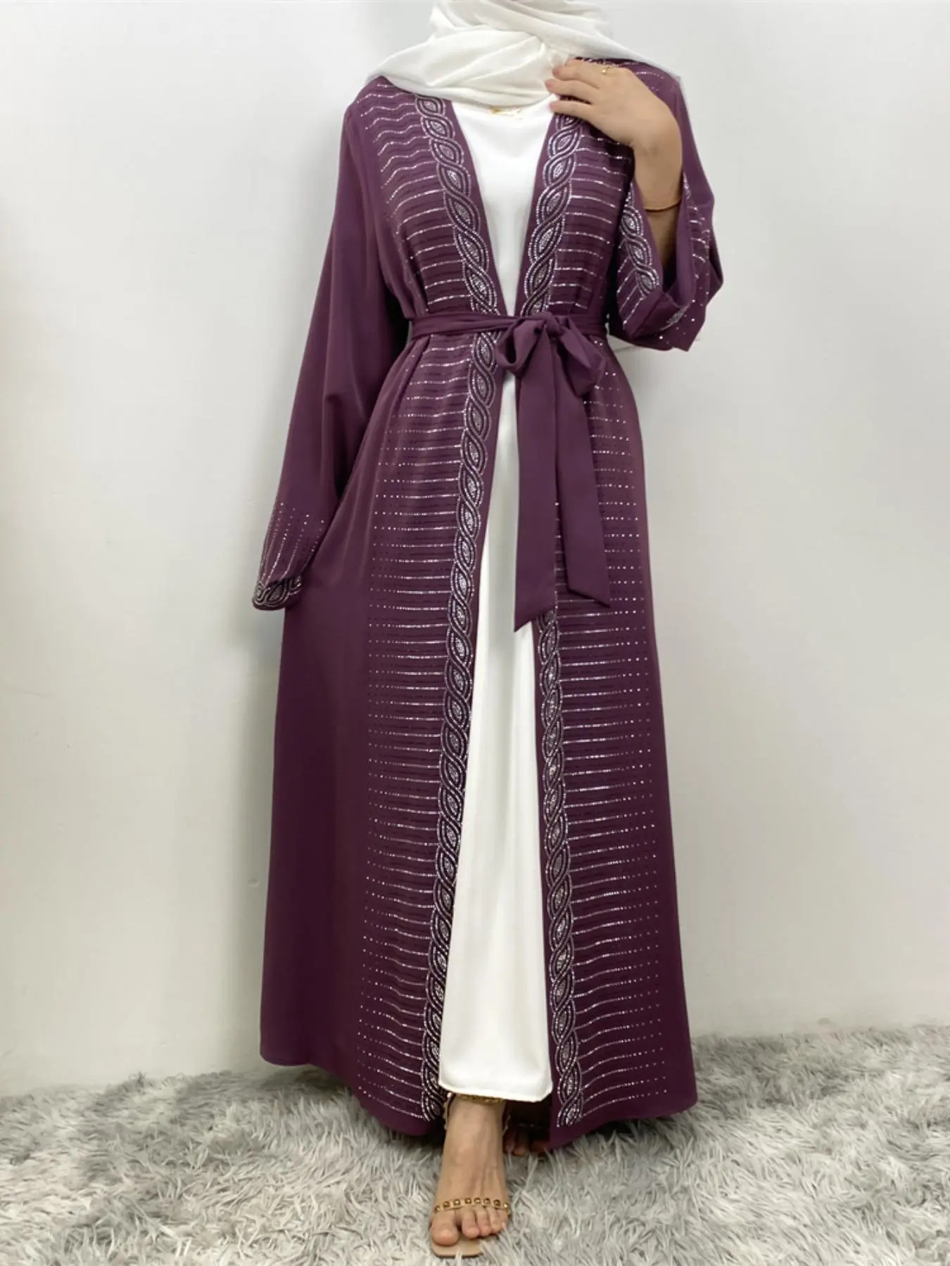 Women's Rhinestones Decor Open Front Belted Abaya without Hijab, Modesty Abaya, Modest Casual Long Sleeve Abaya for Daily Wear, Ladies Islamic Clothing for All Seasons, Islamic Modesty Clothes, Modest Muslim Outfits