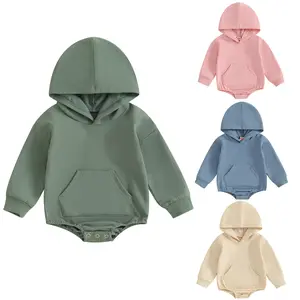 Infant Baby Boy Girl Hooded Sweatshirt Romper Newborn Long Sleeve Front Pocket Solid Color Onesie Bodysuit Fall Winter Clothes