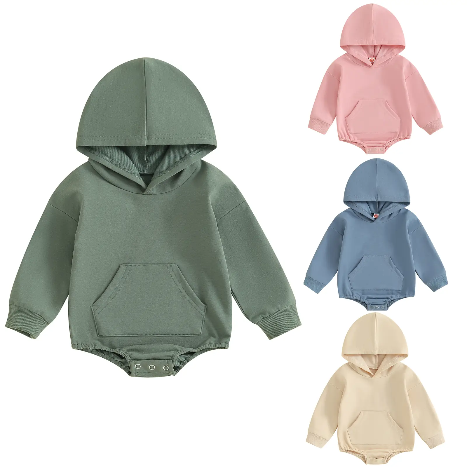Infant Baby Boy Girl Hooded Sweatshirt Romper Newborn Long Sleeve Front Pocket Solid Color Onesie Bodysuit Fall Winter Clothes