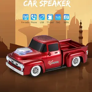 Old Pickup Truck Alloy Car Dual Speakers Shape High Fidelity Stereo Surround Portable Speaker Outdoor Music Player Supports TF Card FM Radio Wheels can slide ferrofluidspeaker Audio Cable