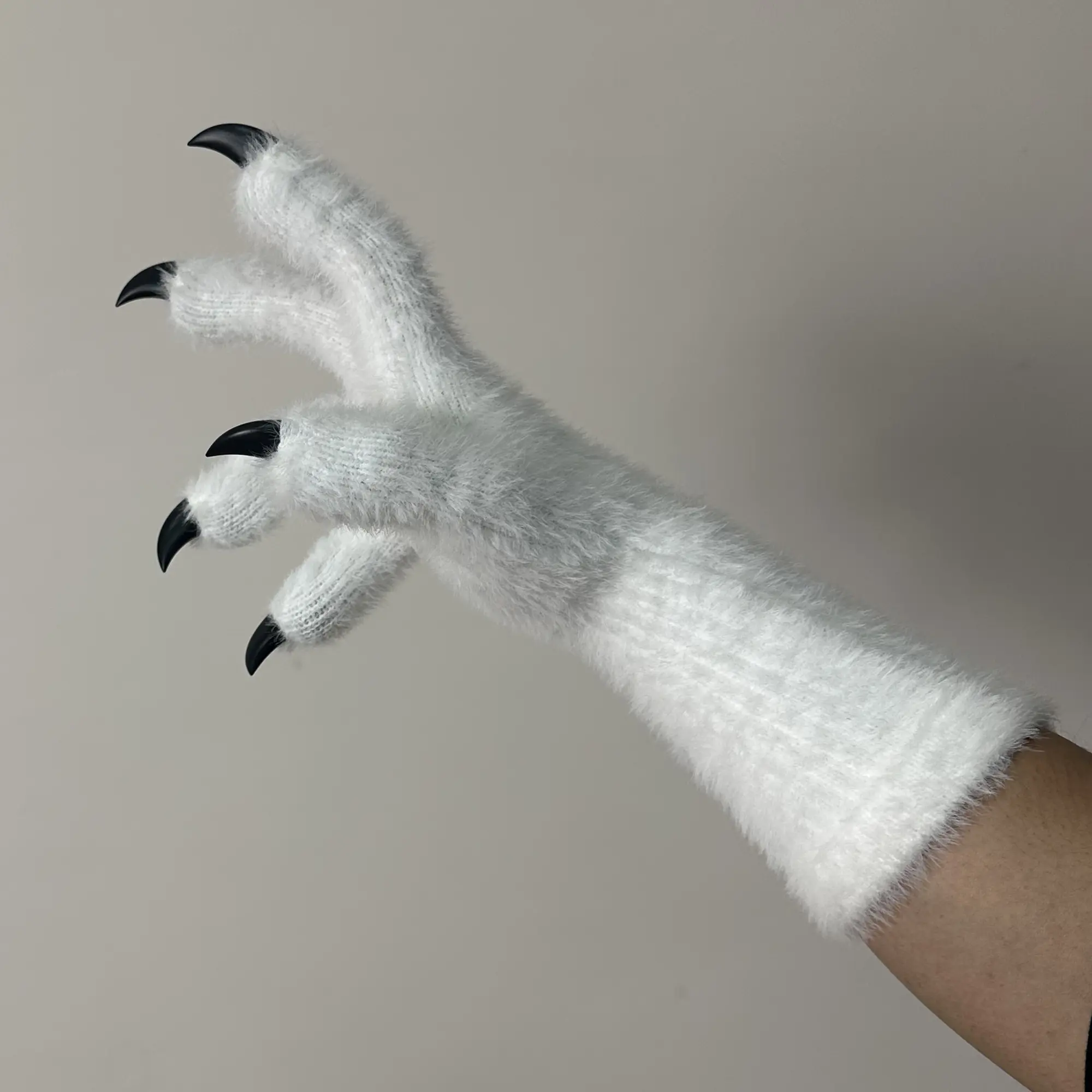 SCLMRO Faux Fur Fabric Women's Kigurumi Paws Gloves, Comfortable Black Party Accessory with White Claws, Fashion Accessories for Costume Events (White Gloves - Black Nails Style), Faux Fur Fabric Women's Gloves