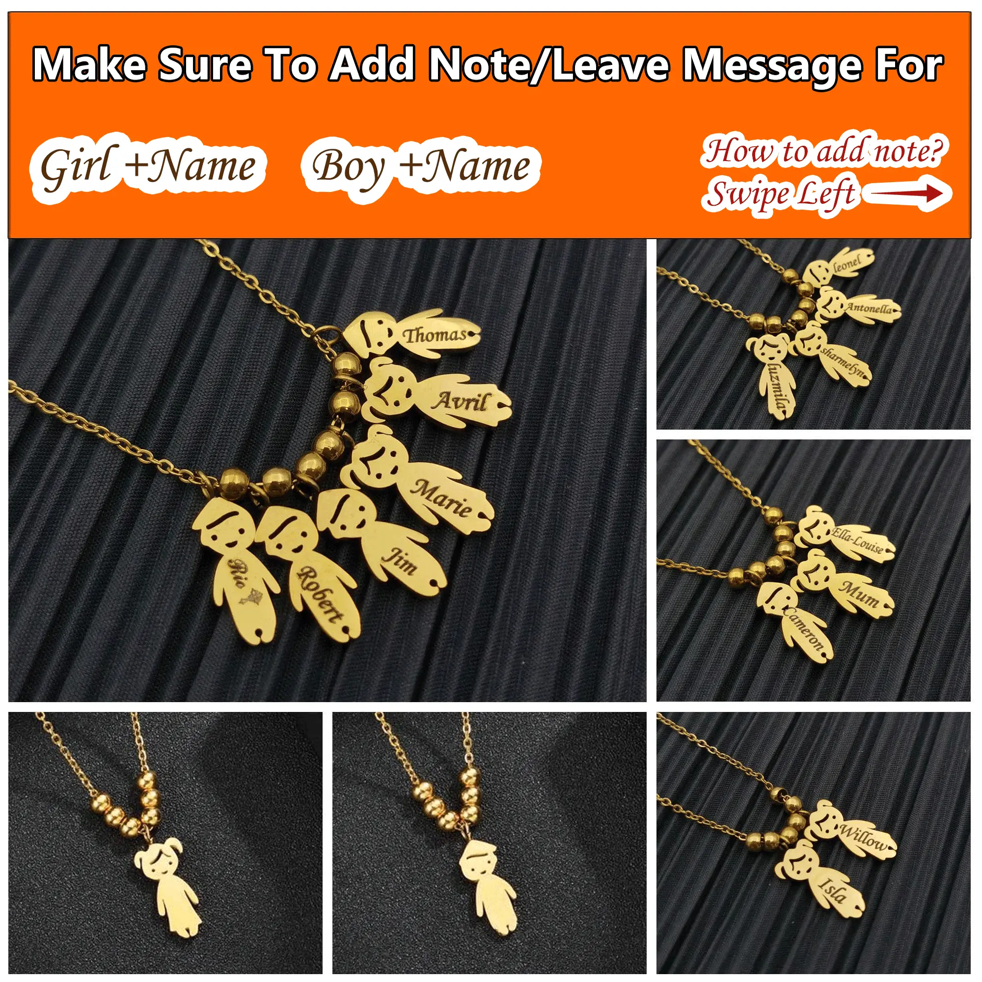 (Add Note or Leave message For Names) Customized Engraved Writing Boys and Girls Children's Pendants Stainless Steel Necklace Family Necklace for Birt