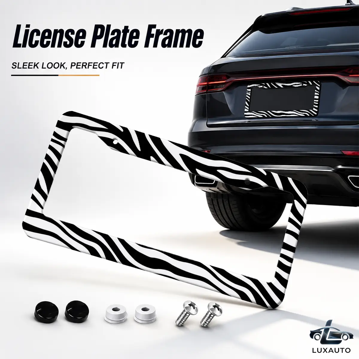 Zebra Print Decorative Aluminum License Plate Frame, Universal 12.2 x 6.3 Inch Car License Plate Holder with Screws & Caps, Rust-Proof Metal License Plate Cover, Car Accessories for Women & Men