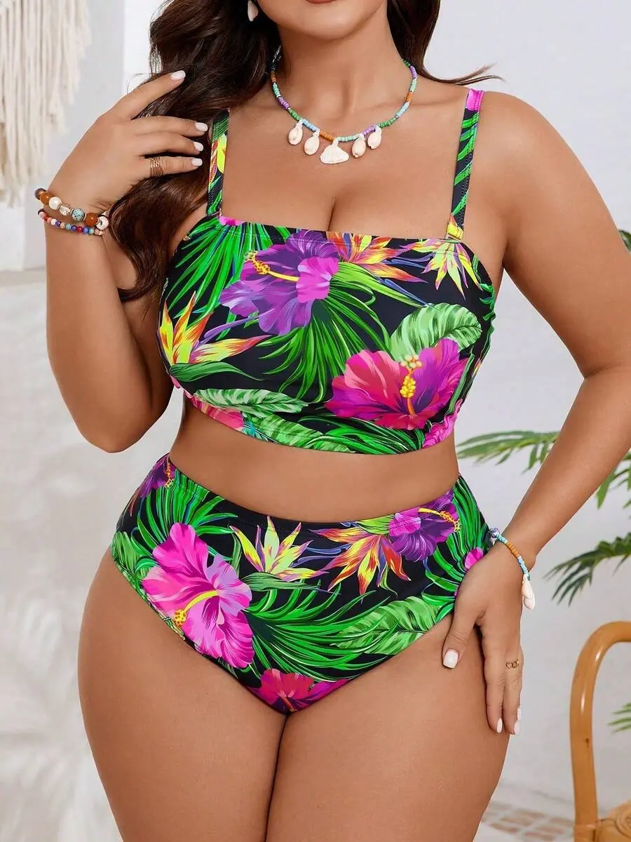 2026 New Plus Size Tropical Floral Bikini Set - Convertible Bandeau Top With Matching Bottoms