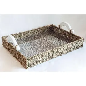 Handcrafted Seagrass Rectangular Tray with Ceramic Handles